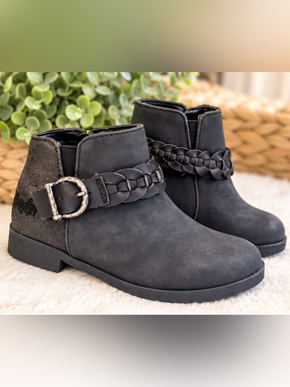 Blowfish Malibu Girls Black Ankle Booties Size 8 Little Kid Braided Buckle